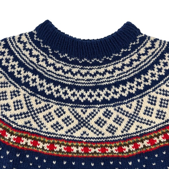 Vintage Fair Isle Nordic Wool Knit Sweater Navy Blue Red White Pullover Medium - Picture 3 of 5
